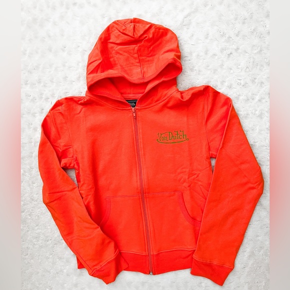 NWOT- VON DUTCH Orange Green Signature Y2k Style Fitted Zip Up Hooded Sw… - Picture 1 of 10